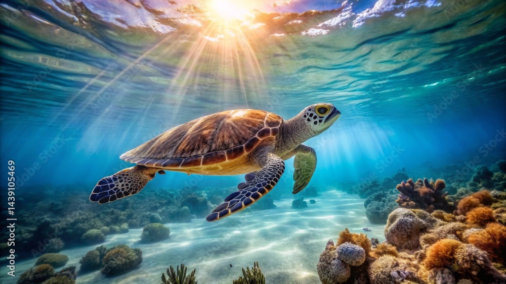 Obraz premium Majestic Sea Turtle Gracefully Navigating Vibrant Coral Reef Under Sunlit Ocean Waters