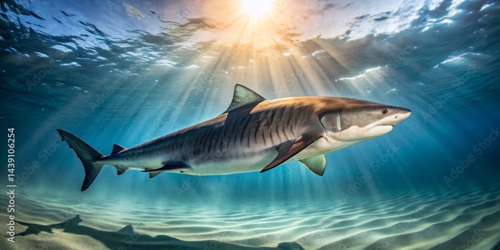 Fototapeta premium Majestic Tiger Shark Gliding Through Sunlit Waters, Shadow Dancing on Sandy Ocean Floor