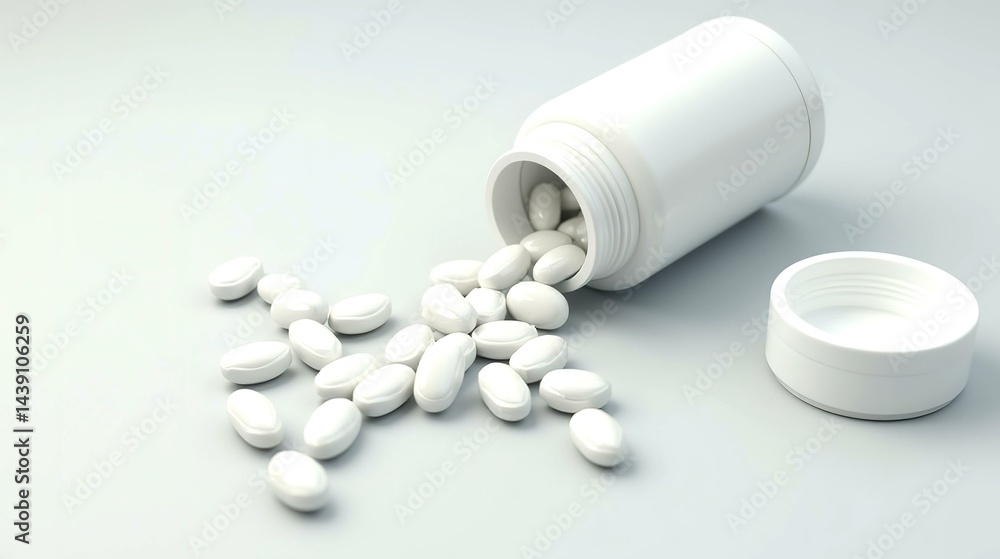 Various medicines and health pills spilled from a white medical bottle, top view on a clean white background, representing healthcare, pharmaceutical treatment, and wellness concepts Various medicines and health pills spilled from a white medical bottle, top view on a clean white background, representing healthcare, pharmaceutical treatment, and wellness concepts