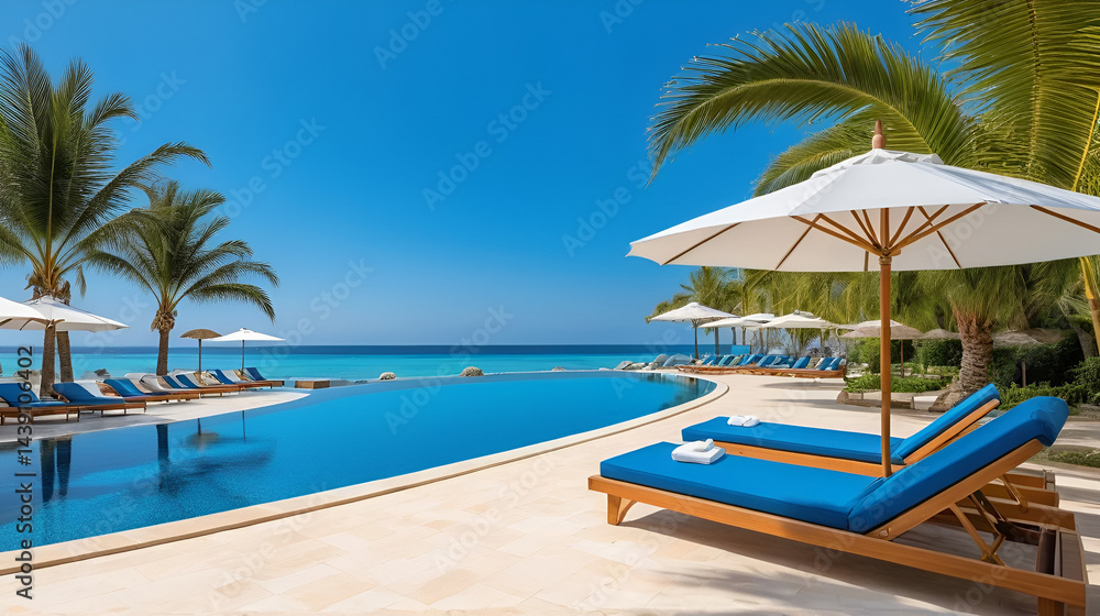 Obraz premium panoramic holiday landscape luxury beach poolside resort hotel swimming pool beach chairs beds umbrellas palm trees relax lifestyle blue sunny sky summer island seaside leisure travel vacation