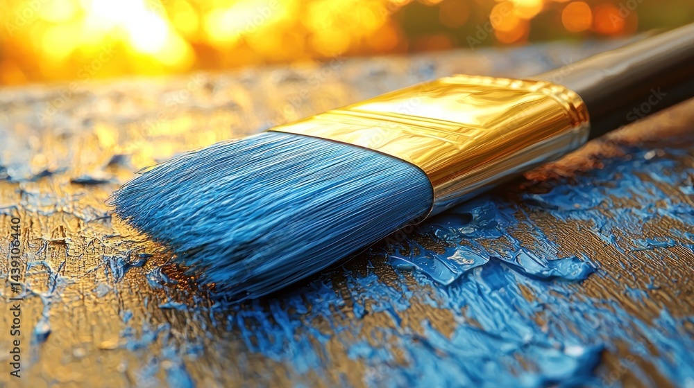 Fototapeta premium A Close-Up of a Paintbrush with Blue Paint on a Wooden Surface