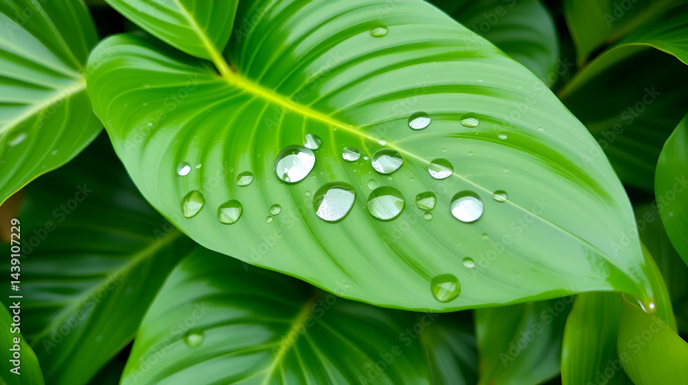 Obraz premium Fresh dewdrops cling to glossy philodendron leaves, philodendron leaves, leaves, greenery