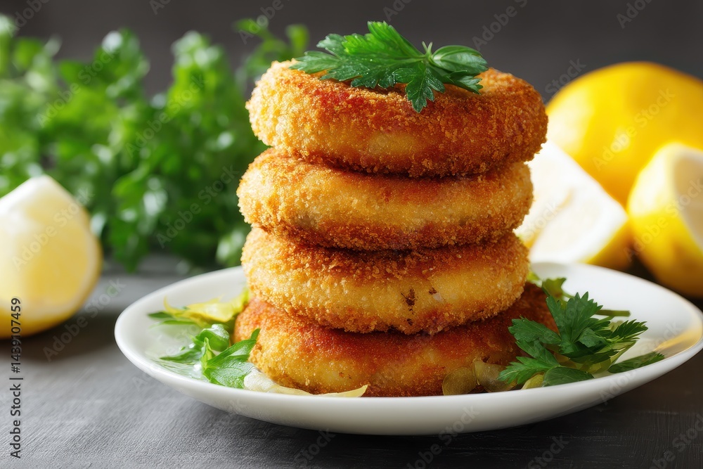 Fish cutlets piled on a white dish Fish cutlets piled on a white dish