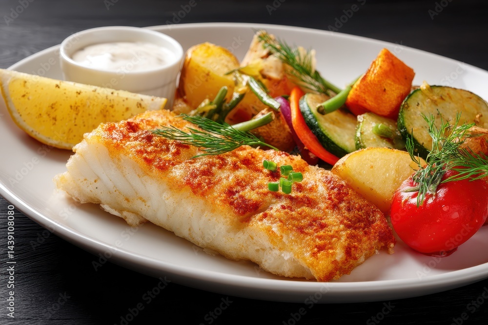 Fish meal pan fried fillet roasted potatoes and veggies Fish meal pan fried fillet roasted potatoes and veggies