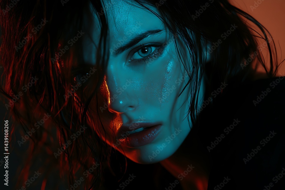 Emotional portrait of a woman lit by phone light studio environment close-up intimate mood Emotional portrait of a woman lit by phone light studio environment close-up intimate mood