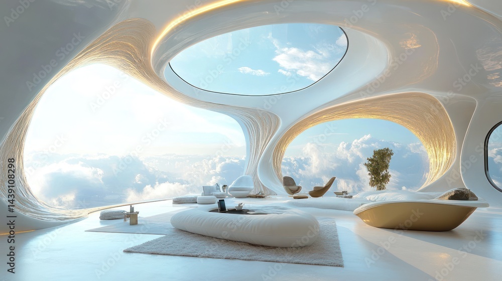 Fototapeta premium Futuristic Cloudtop Living Room: An Architectural Masterpiece
