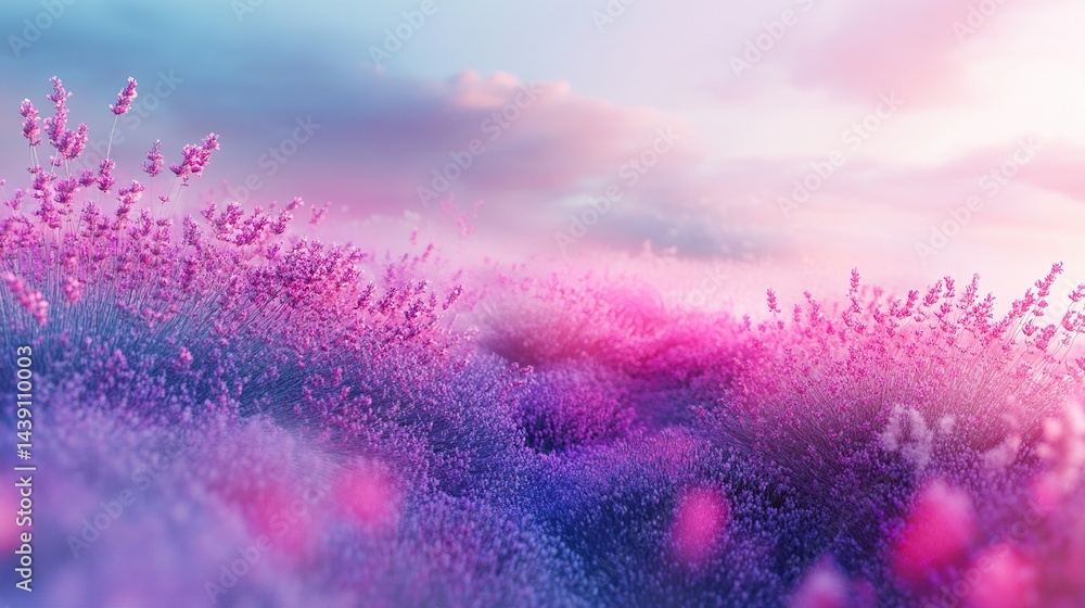 Naklejka premium Vibrant, Pastel Lavender Field at Sunrise