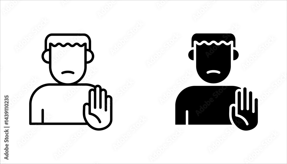 Rejection pixel perfect linear icon set. Negative response, Person showing stop gesture vector illustration on white background Rejection pixel perfect linear icon set. Negative response, Person showing stop gesture vector illustration on white background