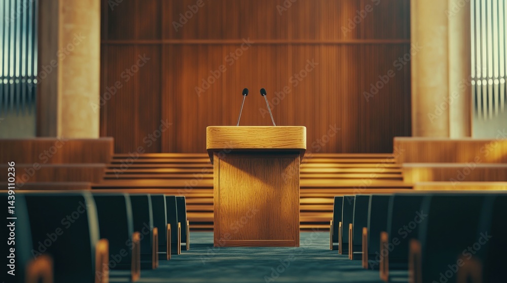 Obraz premium Empty conference stage with a podium and microphones ready for a speaker.