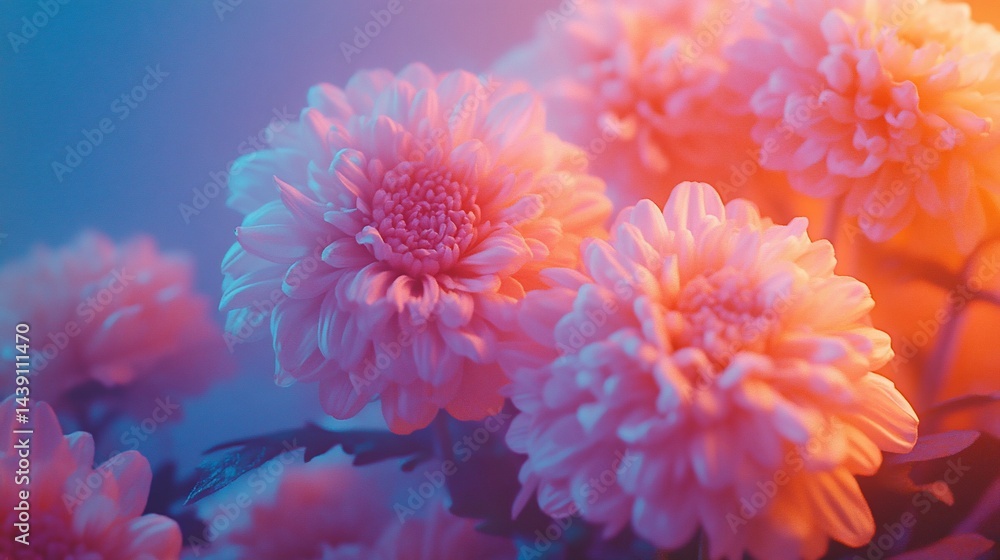 Pink flowers glow, studio shot against blurred colorful light backdrop Pink flowers glow, studio shot against blurred colorful light backdrop