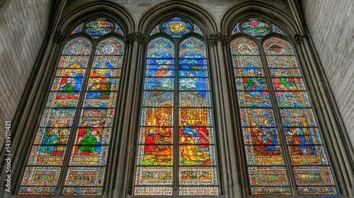 Vibrant stained glass windows in a cathedral.  Intricate religious scenes depicted in colorful glass panels