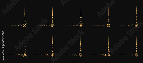 Celestial magic esoteric border corners. Vector set of Boho angle frames, elegant space decoration with a stellar embellishments. Decorative golden corners with stars, moons, suns and cosmic patterns