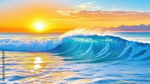Vibrant sunset over crashing turquoise waves