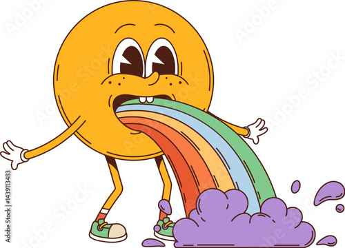 Cartoon groovy yellow smile face retro hippie character with rainbow barf. Vector funky emoji personage, psychedelic emoticon vomiting a rainbow with purple clouds, highlighting nostalgic y2k fun