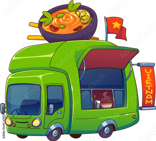 Food truck or Vietnam cuisine street food car van, cartoon vector mobile kiosk. Asian fast food truck or street food booth with Vietnamese dish bowl and chopsticks sign for street market vendor