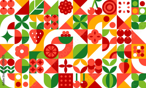 Berry fruits geometric pattern. Vector background of fresh strawberry, raspberry, cranberry and cherry berries, green apples and oranges. Abstract geometric shapes mosaic pattern of flat fruit slices