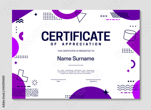 Diploma certificate template with geometric Memphis shapes and vibrant purple colors. Vector appreciation, honor trophy frame with abstract figures, elements, place for recipient name, date, signature