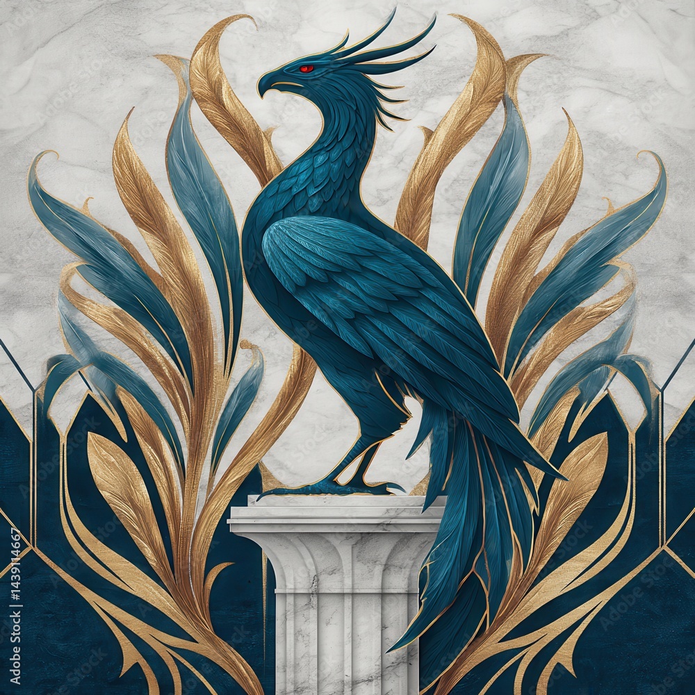 Obraz premium A majestic, mythical blue bird with gold accents stands on a marble pedestal, surrounded by ornate golden and teal leaves, against a textured background.