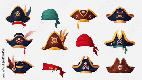 Pirate captain tricorn hats and bandanas. Cartoon vector set of corsair cocked hats and and sailor head scarves. Carnival buccaneer, filibuster, seaman headwear with feathers and jolly rogers emblems