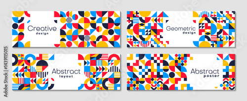 Abstract banners with modern geometric pattern background of color shapes. Vector graphic minimal art banners set with trendy geometric pattern borders of squares, circles, triangles, lines and arches