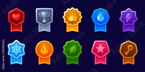 Game rank badges asset, achievement medals vector set. Colorful trophy icons with ribbons and symbols of star, heart, key, drop, lightning bolt, snowflake and fire. Goblet, green leaf, golden crown