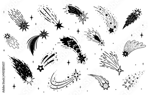 Doodle shooting space stars with trails, meteors and comets falling silhouettes. Cosmic galaxy hand drawn meteorite traces isolated monochrome vector symbols set. Streaks of light and energy in motion