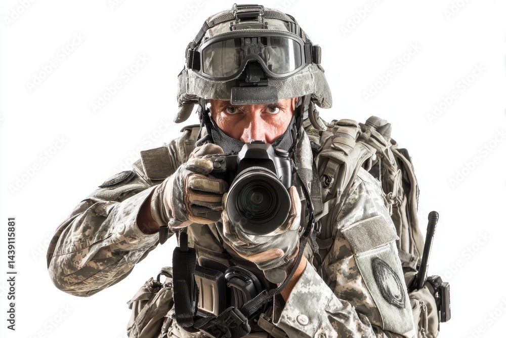Obraz premium Press photographer in military attire with a professional camera isolated on white