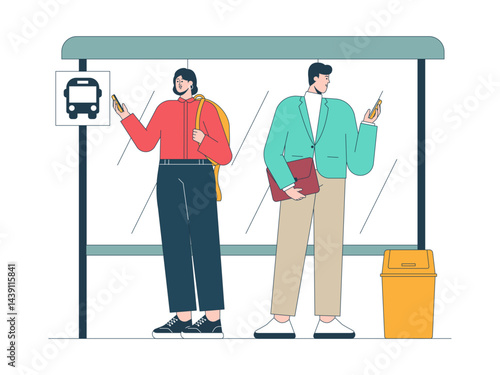 People with smartphone in subway. Commuter illustration. Flat vector illustration concept