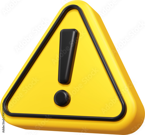 3d alert sign, caution icon, attention mark, alert notice, warning message. Isolated vector yellow triangle with black exclamation mark. Danger warning, reminder, emergency hazard notification symbol