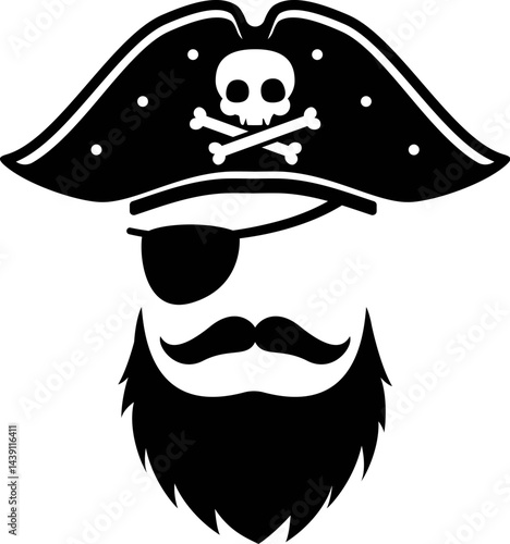 Pirate corsair photo booth mask. Isolated vector sailor or captain face features tricorn hat, beard, mustache and eye patch for playful adventure and capturing swashbuckling memories at carnival event