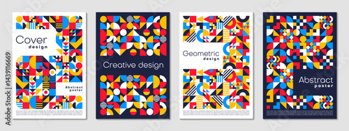 Business posters with abstract geometric background, shapes and patterns. Vector vintage art layouts or cover templates with bold colors and primitive elements as circles, triangles, dots and squares