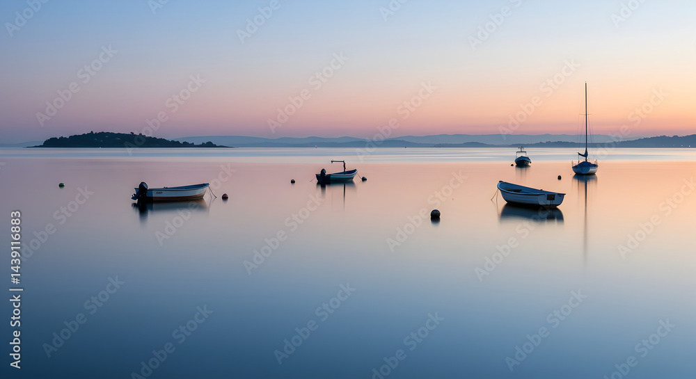 Fototapeta premium Calm Waters At Dawn Featuring Silhouette Boats in a Serene Ambiance