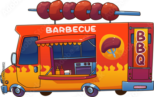 Barbecue food truck car, cartoon festival street foodtruck van with flame and giant meat skewer on the roof, open serving window, bbq signs, condiments, and kitchen equipment for outdoor culinary