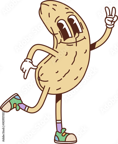 Cartoon groovy cashew nut seed character strikes a lively pose with cheerful smile and playful peace gesture exuding confidence and charm. Isolated vector retro food personage promotes healthy eating