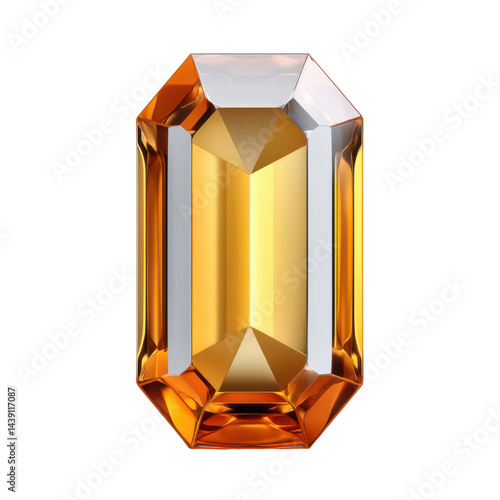 An exquisitely cut emerald gemstone with a rich amber color shines brightly on a pure white backdrop, showcasing its flawless clarity and geometric precision.
