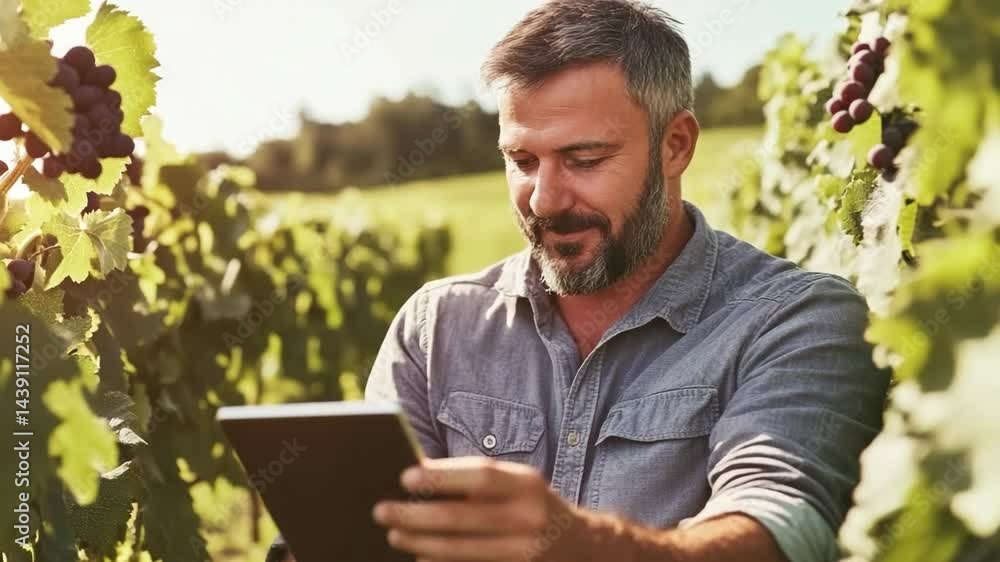 Man enjoys reading on a tablet while surrounded by lush grapevines in a vineyard during a sunny day Man enjoys reading on a tablet while surrounded by lush grapevines in a vineyard during a sunny day