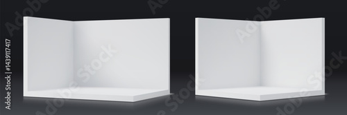 3d corner wall room minimalist mockup with clean white panels. Vector box mock up for interior design presentations, product display backdrops, showroom scenes or modern architectural visualizations