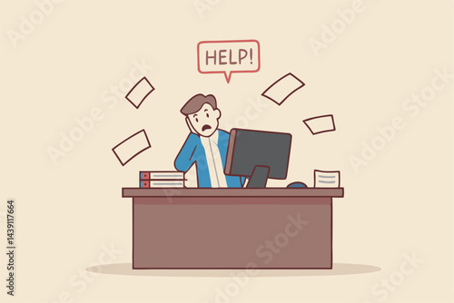 Asking for help to finish overload work, support or help needed, solution to solve busy work problem, overworked or trouble concept, depressed businessman hold help needed sign on busy working desk.