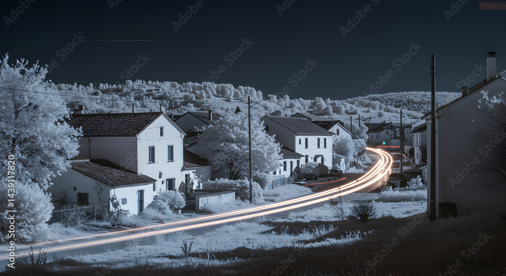 Fototapeta premium Ethereal Village Scene Under Night Sky With Motion Trails