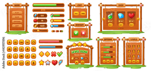 Wooden game interface. Cartoon vector wood ui kit featuring buttons, sliders, progress bars and level completion screens. Playful shop, play, options and score elements for casual or mobile games