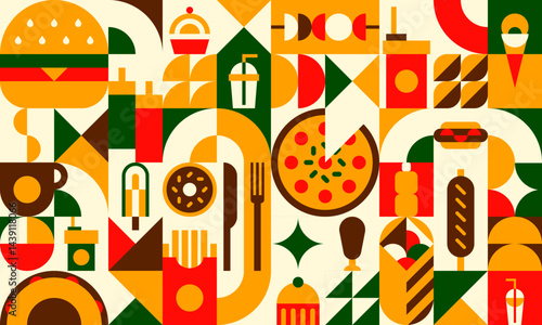 Fast food modern geometric pattern background with vector mosaic of abstract pizza, burger, bbq chicken, coffee and soda drinks. Fast food restaurant kebab, donut and ice cream flat geometric pattern