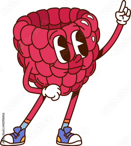 Groovy hippie raspberry berry character. Isolated cartoon vector ripe and healthy retro personage with large eyes, sneakers and cheerful facial expression standing in confident pose with a finger up
