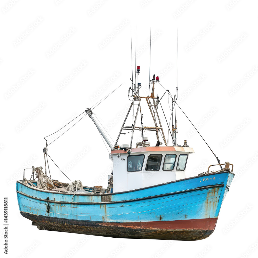 Old fishing boat exhibiting signs of wear docked at port during overcast day Old fishing boat exhibiting signs of wear docked at port during overcast day