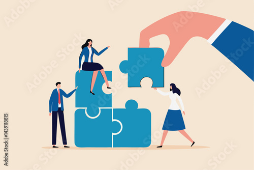 Build your team, leadership to develop teamwork or business partner, cooperate or collaborate for success, assist or help, giant businessman hand connect last jigsaw puzzle to office business team.