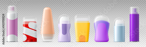 Deodorant package mockups. Realistic 3d vector set of antiperspirant packaging mock ups in spray, roll on and stick formats. Cosmetic containers for skincare, hygiene or personal care product branding