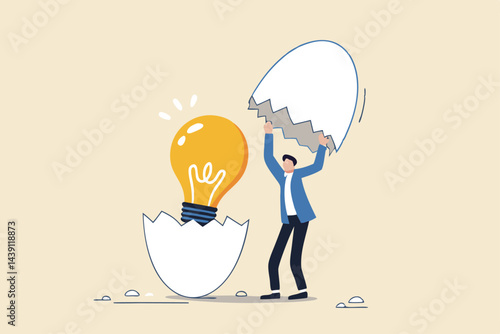 New creative idea, innovation or solution for business, entrepreneurship or startup idea, creation or discovery concept, businessman entrepreneur discover hatching egg with lightbulb idea inside.