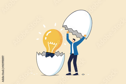 New creative idea, innovation or solution for business, entrepreneurship or startup idea, creation or discovery concept, businessman entrepreneur discover hatching egg with lightbulb idea inside.