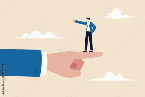 Employee conflict direction, argument between coworker, different thought, disagreement or opposite way, decision issue concept, tiny businessman standing on giant hand pointing in opposite direction.