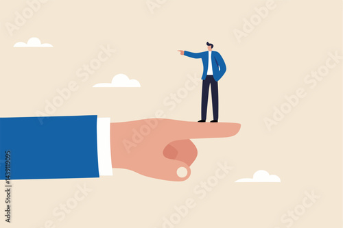 Employee conflict direction, argument between coworker, different thought, disagreement or opposite way, decision issue concept, tiny businessman standing on giant hand pointing in opposite direction.