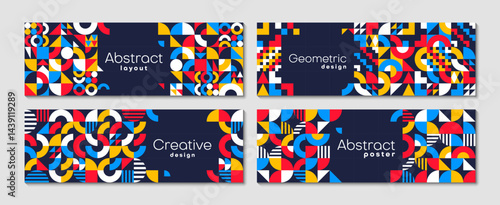 Abstract horizontal banners with modern geometric pattern. Vector set of templates feature vibrant shapes and primary colors red, blue, yellow, white on dark background. Creative, modern flyers, cards